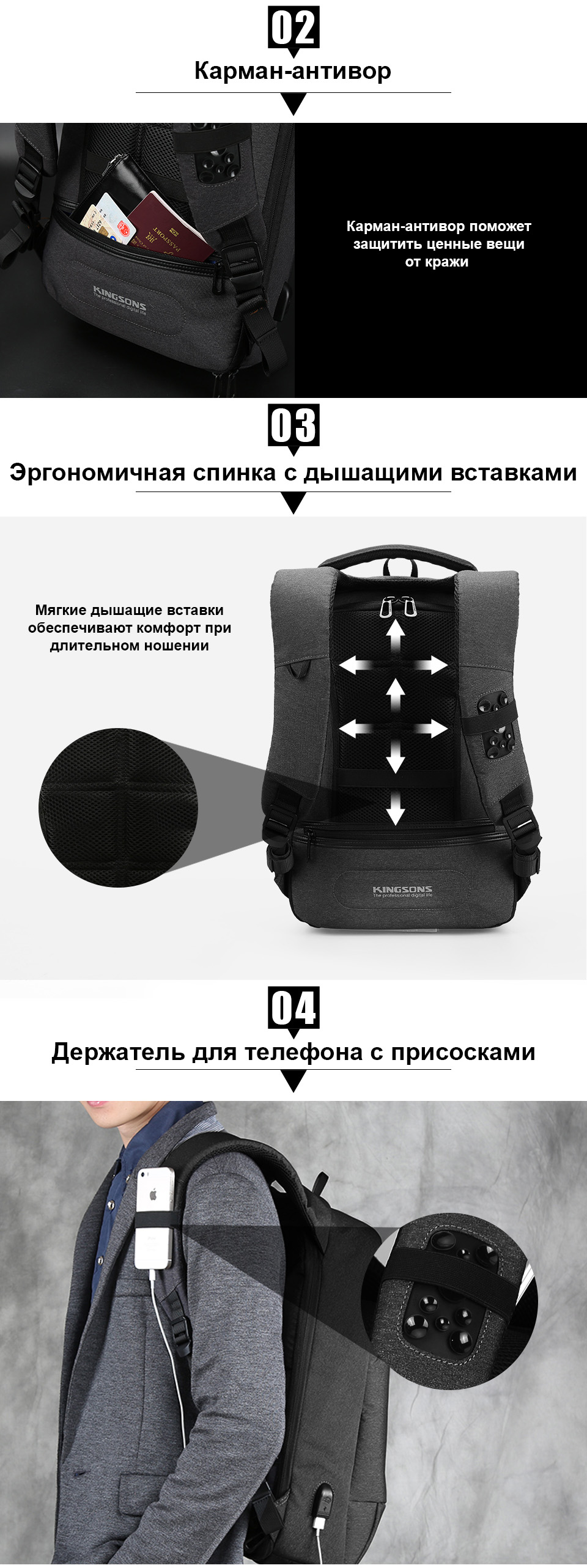 Рюкзак KINGSONS ks3149w с USB портом и отделением для ноутбука 15.6 дюймов