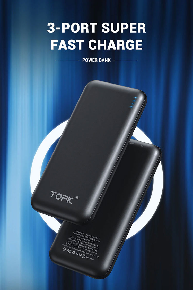 Зарядное устройство Power Bank TOPK 10000 mAh с поддержкой быстрой зарядки